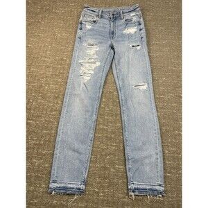 American Eagle Women's Size 2 Long Stretch Mom Jean Light Distressed Wash Jeans